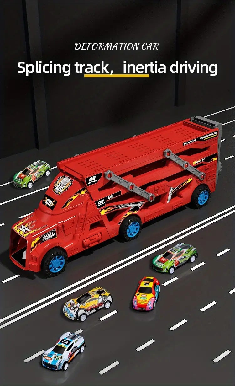 Transformable launching toy car set; folding transport truck for storage; magnetic car for boys