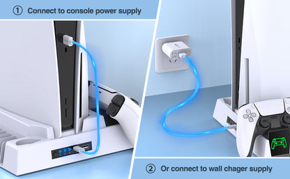 "PS5 Cooling Stand with Dual Controller Charger & LED Lights | Multi-Functional Cooling Dock for PlayStation 5 Console & Controllers | 10.3×2.4×10.3in | Type-C Powered | Includes Headset Hook (Black)"