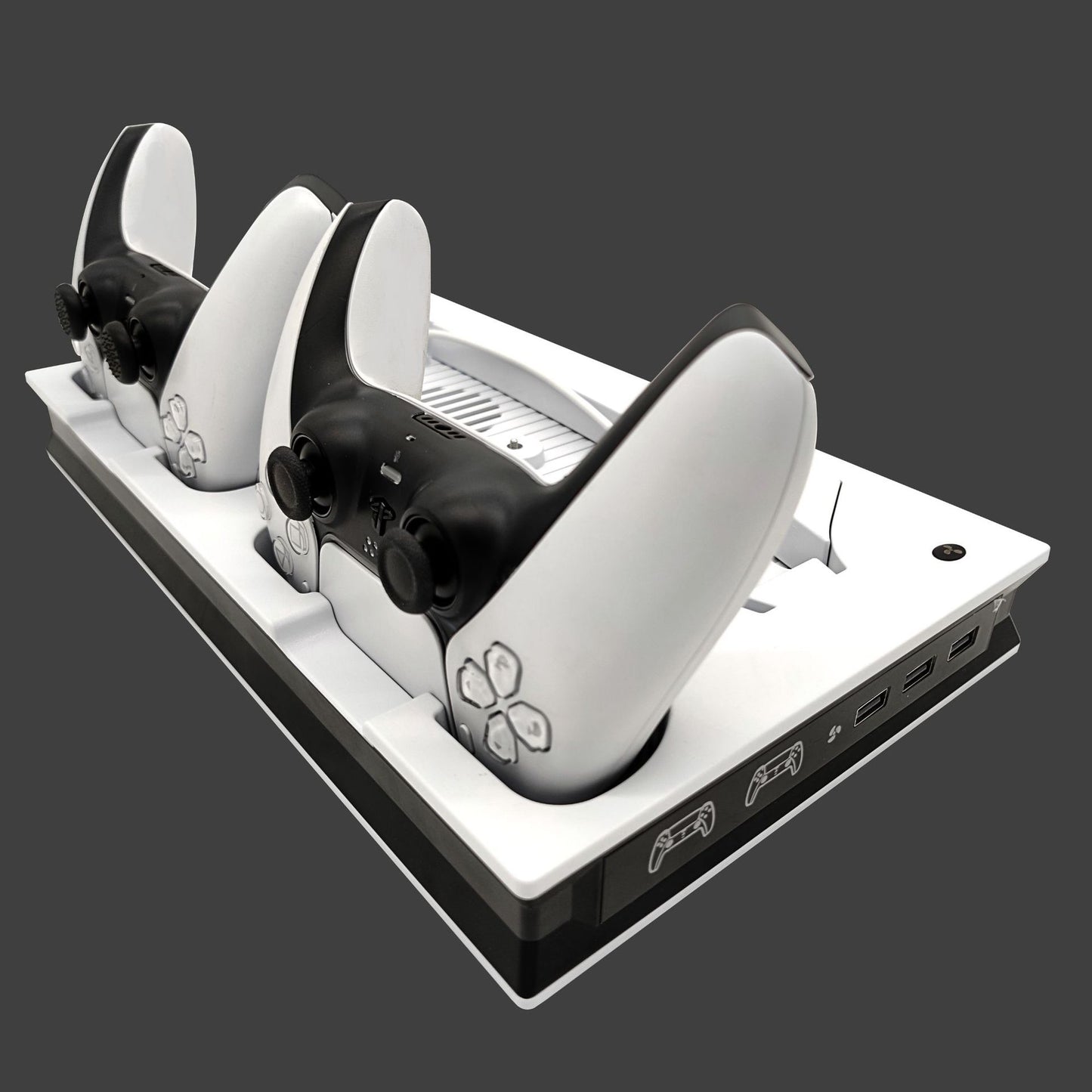 "PS5 Cooling Stand with LED Charging Dock | Multi-Functional Cooling Fan Base for PS5 Digital/Disc Edition | 7.87×1.81×12.99in | Magnetic RGB Cooling System | Includes 4 Magnetic Heads (White/Black)"