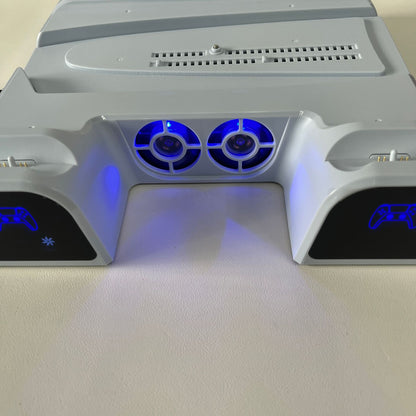 "PS5/Slim/Pro Universal Cooling Stand with Blue LED Charger & Game Storage | Multi-Functional Cooling Base for PlayStation 5 All Models | 10.8×11.6×2.5in | Type-C Controller Charging | Disc Holder (Black)"