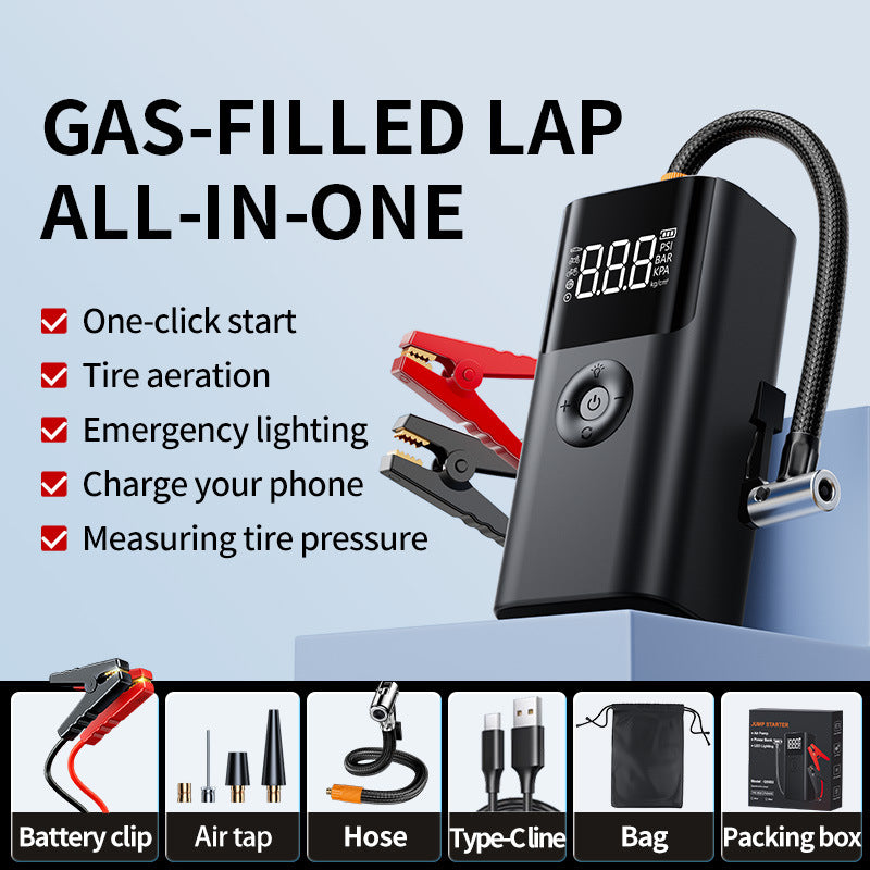 Portable tyre inflator and starter set (petrol/diesel dual fuel) - USB rechargeable, LED light, digital display, clamps, hoses and accessories for cars, motorbikes, bicycles