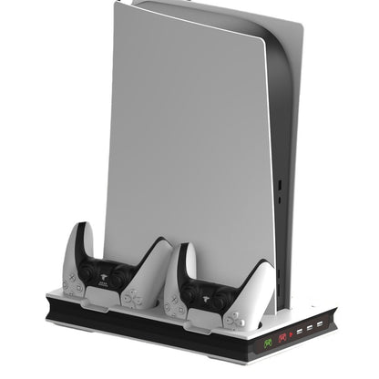 "PS5 Cooling Stand with LED Charging Dock | Multi-Functional Cooling Fan Base for PS5 Digital/Disc Edition | 7.87×1.81×12.99in | Magnetic RGB Cooling System | Includes 4 Magnetic Heads (White/Black)"