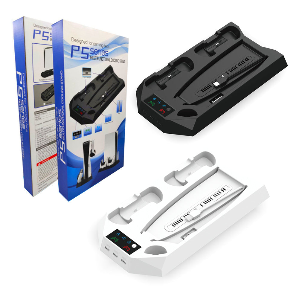 "PS5 Cooling Stand with Dual Controller Charger | Multi-Function Cooling Base for PlayStation 5 Digital/Disc Edition | 8.1×1.7×14.9in | Type-C Fast Charging | Includes Headset Hook & Tools (White/Black)"