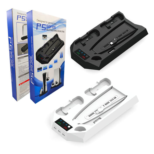 "PS5 Cooling Stand with Dual Controller Charger | Multi-Function Cooling Base for PlayStation 5 Digital/Disc Edition | 8.1×1.7×14.9in | Type-C Fast Charging | Includes Headset Hook & Tools (White/Black)"
