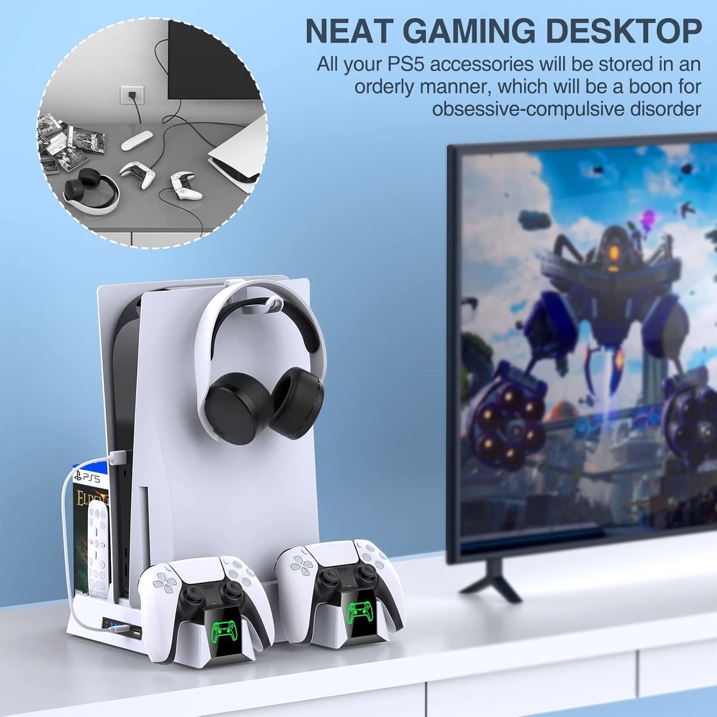 "PS5 Cooling Stand with Dual Controller Charger & LED Lights | Multi-Functional Cooling Dock for PlayStation 5 Console & Controllers | 10.3×2.4×10.3in | Type-C Powered | Includes Headset Hook (Black)"