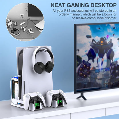 "PS5 Cooling Stand with Dual Controller Charger & LED Lights | Multi-Functional Cooling Dock for PlayStation 5 Console & Controllers | 10.3×2.4×10.3in | Type-C Powered | Includes Headset Hook (Black)"