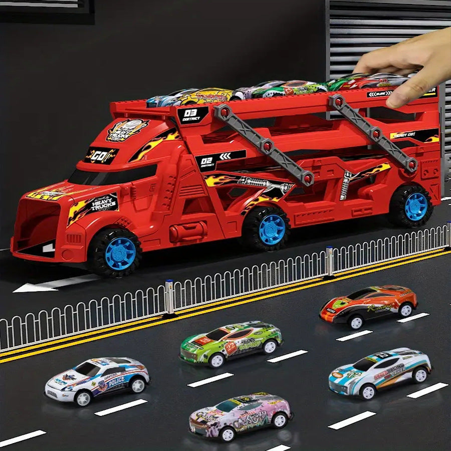 Transformable launching toy car set; folding transport truck for storage; magnetic car for boys