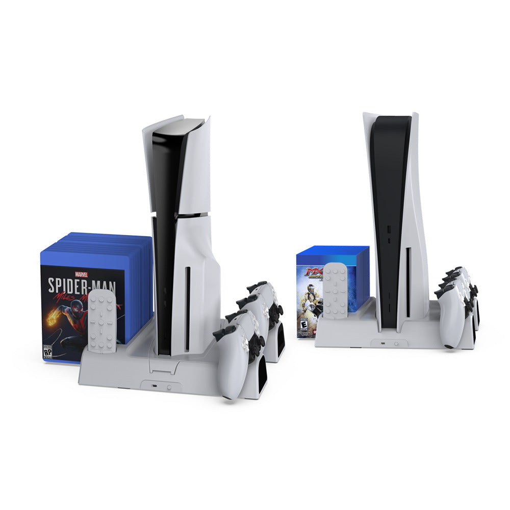 "PS5/Slim/Pro Universal Cooling Stand with Blue LED Charger & Game Storage | Multi-Functional Cooling Base for PlayStation 5 All Models | 10.8×11.6×2.5in | Type-C Controller Charging | Disc Holder (Black)"