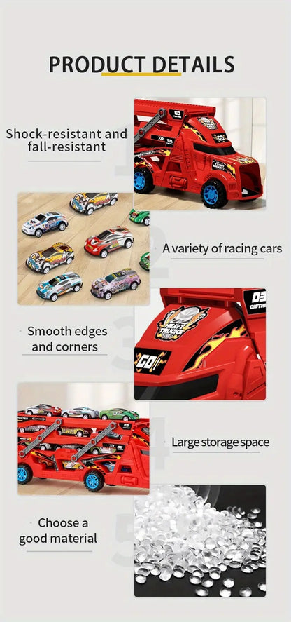 Transformable launching toy car set; folding transport truck for storage; magnetic car for boys