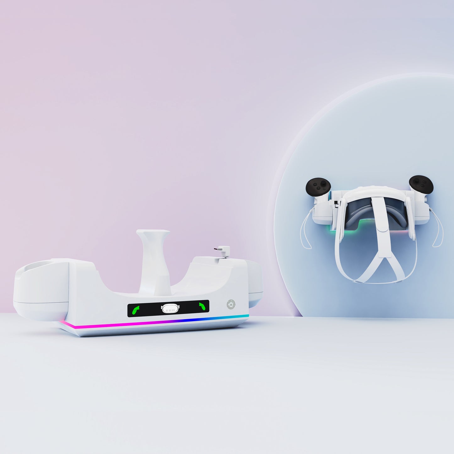 "Meta Quest 3S & Quest 3 Wall-Mounted Charging Dock with RGB Lights | Dual Controller & Headset Charger | Fast Type-C Charging | White ABS VR Stand | Includes Cable"