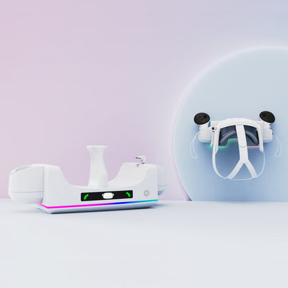 "Meta Quest 3S & Quest 3 Wall-Mounted Charging Dock with RGB Lights | Dual Controller & Headset Charger | Fast Type-C Charging | White ABS VR Stand | Includes Cable"