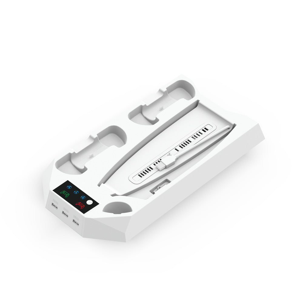 "PS5 Cooling Stand with Dual Controller Charger | Multi-Function Cooling Base for PlayStation 5 Digital/Disc Edition | 8.1×1.7×14.9in | Type-C Fast Charging | Includes Headset Hook & Tools (White/Black)"