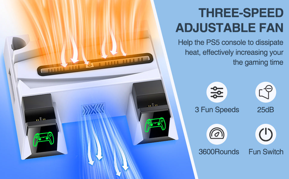 "PS5 Cooling Stand with Dual Controller Charger & LED Lights | Multi-Functional Cooling Dock for PlayStation 5 Console & Controllers | 10.3×2.4×10.3in | Type-C Powered | Includes Headset Hook (Black)"