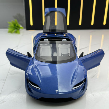 Tesla Roadster 1:24 Scale Die-Cast Alloy Car Model – Pull-Back & Sound/Light Effects, Music Playback, Collectible Electric Supercar Toy for Kids & Adults