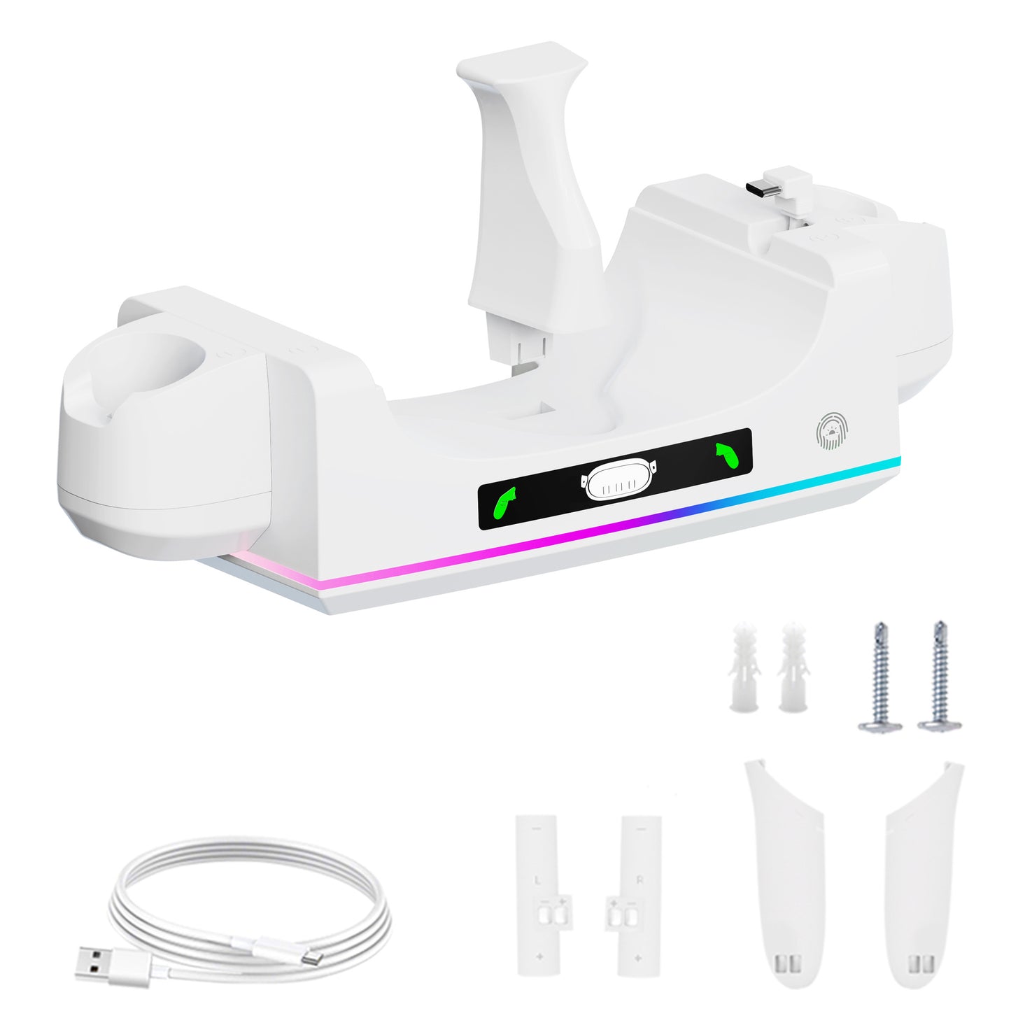 "Meta Quest 3S & Quest 3 Wall-Mounted Charging Dock with RGB Lights | Dual Controller & Headset Charger | Fast Type-C Charging | White ABS VR Stand | Includes Cable"
