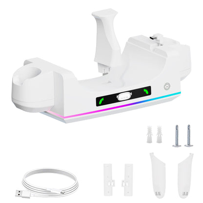 "Meta Quest 3S & Quest 3 Wall-Mounted Charging Dock with RGB Lights | Dual Controller & Headset Charger | Fast Type-C Charging | White ABS VR Stand | Includes Cable"