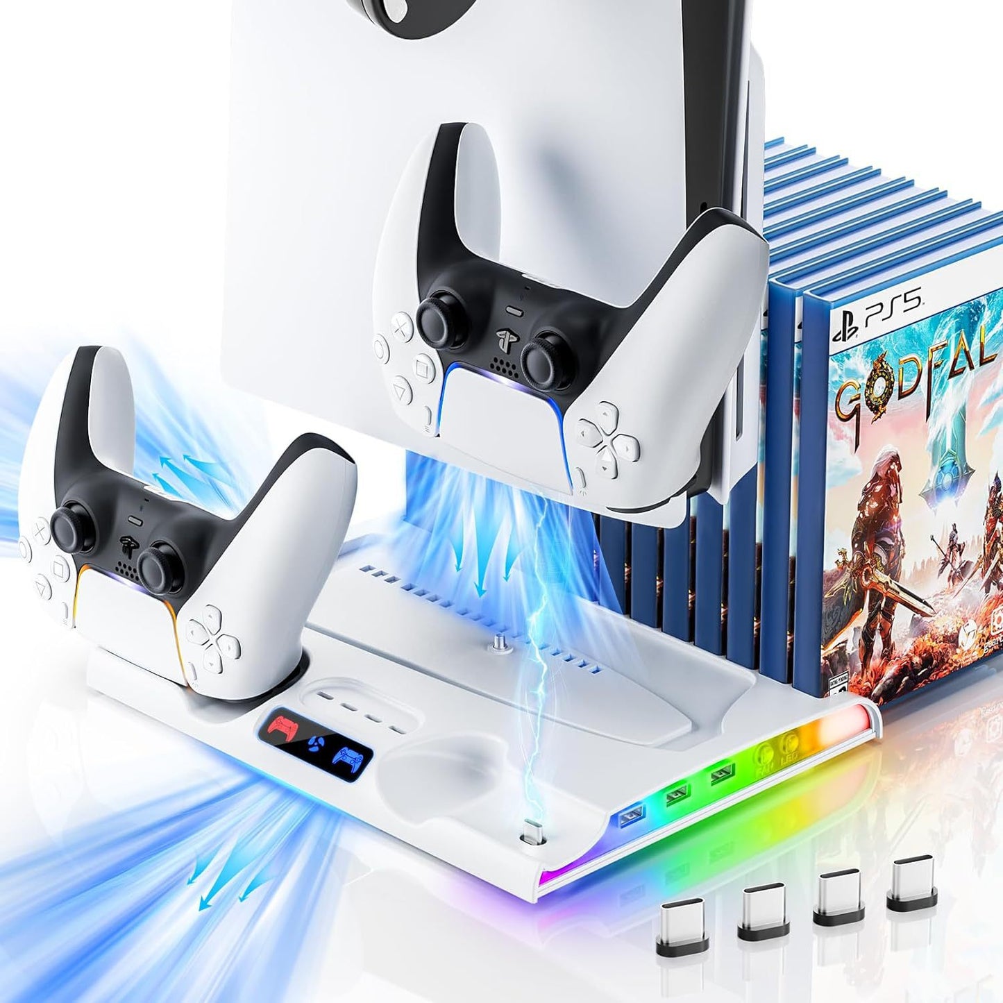 PS5 Slim Dual Controller Charging Station with Cooling Base | 2-in-1 Charger Dock + Game Disc Holder | 9.8" x 7.5" x 1.3" (25x19x3.2cm) | Slim Console Stand with Built-in Fan