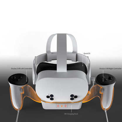 "Meta Quest 3S Charging Dock with LED Light | Universal Stand for Quest 2/Quest 3/Quest 3S | Fast Type-C Charging | Includes 2 Battery Packs & Cable | White ABS VR Accessory"