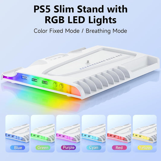 PS5 Slim Dual Controller Charging Station with Cooling Base | 2-in-1 Charger Dock + Game Disc Holder | 9.8" x 7.5" x 1.3" (25x19x3.2cm) | Slim Console Stand with Built-in Fan