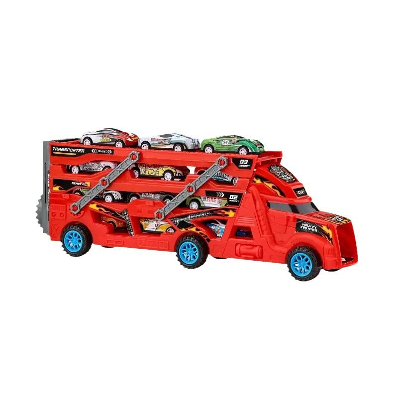 Transformable launching toy car set; folding transport truck for storage; magnetic car for boys