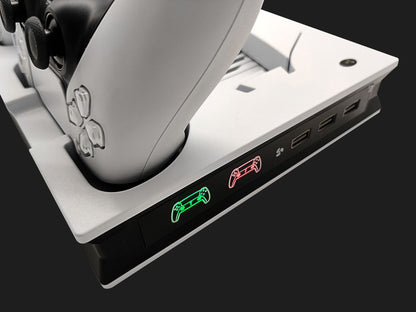 "PS5 Cooling Stand with LED Charging Dock | Multi-Functional Cooling Fan Base for PS5 Digital/Disc Edition | 7.87×1.81×12.99in | Magnetic RGB Cooling System | Includes 4 Magnetic Heads (White/Black)"