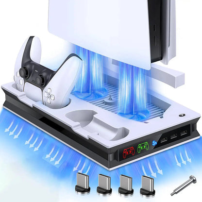 "PS5 Cooling Stand with LED Charging Dock | Multi-Functional Cooling Fan Base for PS5 Digital/Disc Edition | 7.87×1.81×12.99in | Magnetic RGB Cooling System | Includes 4 Magnetic Heads (White/Black)"