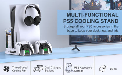 "PS5 Cooling Stand with Dual Controller Charger & LED Lights | Multi-Functional Cooling Dock for PlayStation 5 Console & Controllers | 10.3×2.4×10.3in | Type-C Powered | Includes Headset Hook (Black)"