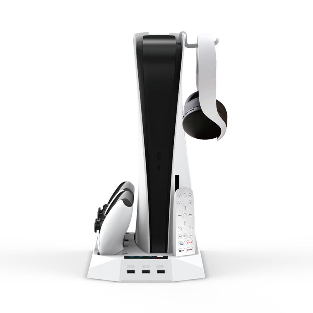 "PS5 Cooling Stand with Dual Controller Charger | Multi-Function Cooling Base for PlayStation 5 Digital/Disc Edition | 8.1×1.7×14.9in | Type-C Fast Charging | Includes Headset Hook & Tools (White/Black)"