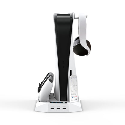"PS5 Cooling Stand with Dual Controller Charger | Multi-Function Cooling Base for PlayStation 5 Digital/Disc Edition | 8.1×1.7×14.9in | Type-C Fast Charging | Includes Headset Hook & Tools (White/Black)"