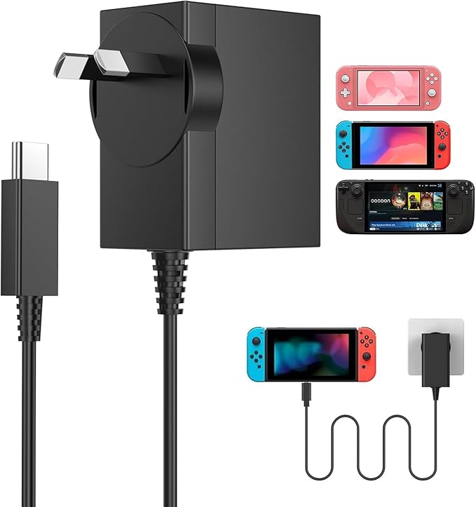 Switch Charger 45W USB C Fast Charging with 1.5M Cord, AC Adapter Compatible with Nintendo Switch Lite/Switch OLED/Steam Deck/PlayStation Portal (Australian Plug)