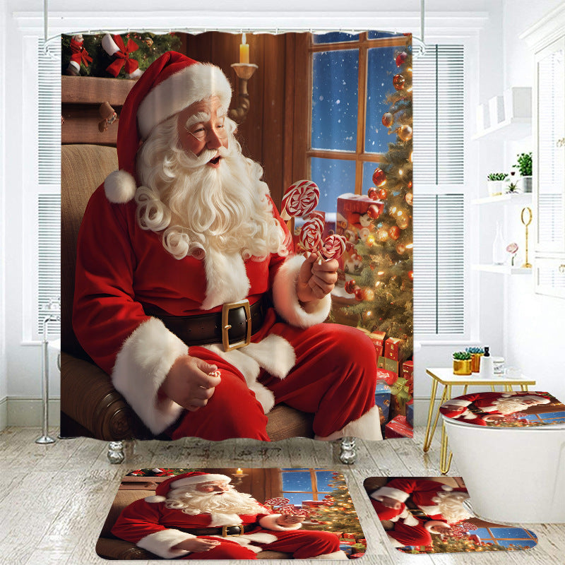 Christmas Santa Claus Waterproof 3D Printed Shower Curtain and Bathroom Mat Set – 4-Piece Holiday Bathroom Decor Set with Non-Slip U-Shaped Mat, Toilet Lid Cover, and Rug