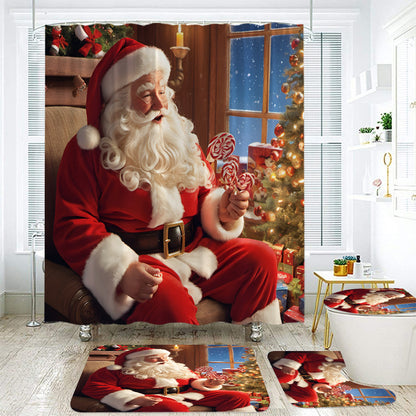 Christmas Santa Claus Waterproof 3D Printed Shower Curtain and Bathroom Mat Set – 4-Piece Holiday Bathroom Decor Set with Non-Slip U-Shaped Mat, Toilet Lid Cover, and Rug