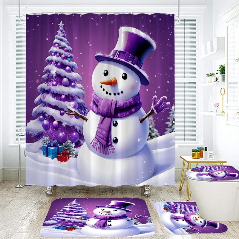 Christmas Santa Claus Waterproof 3D Printed Shower Curtain and Bathroom Mat Set – 4-Piece Holiday Bathroom Decor Set with Non-Slip U-Shaped Mat, Toilet Lid Cover, and Rug