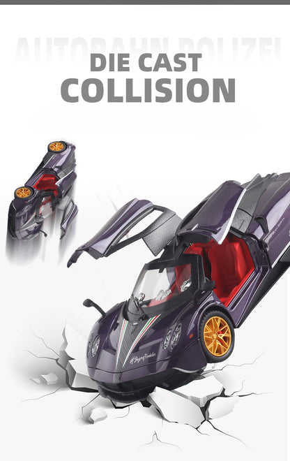 Pagani Huayra 1:24 Alloy Diecast Model Car | Sound & Light FX | Pull Back & Steering | Boys Toy Gift (8.1"x3.5"x3.7")