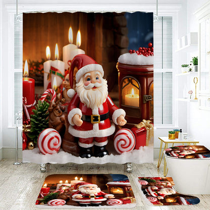 Christmas Santa Claus Waterproof 3D Printed Shower Curtain and Bathroom Mat Set – 4-Piece Holiday Bathroom Decor Set with Non-Slip U-Shaped Mat, Toilet Lid Cover, and Rug