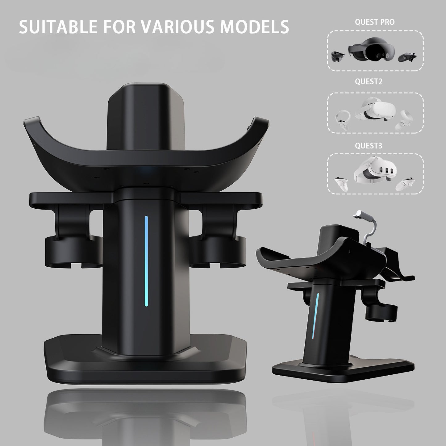 VR Charging Dock Stand Compatible with Quest 3/3S & Vision Pro, RGB Light Desktop Storage Holder with Controller Organizer VR Accessories